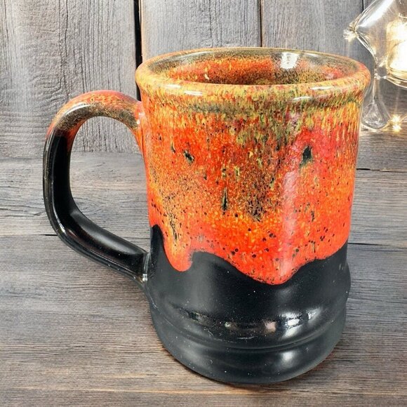 Deneen Pottery Production Training Crafts Coffee Mug Cup Red Black Drip Glaze - Picture 2 of 12